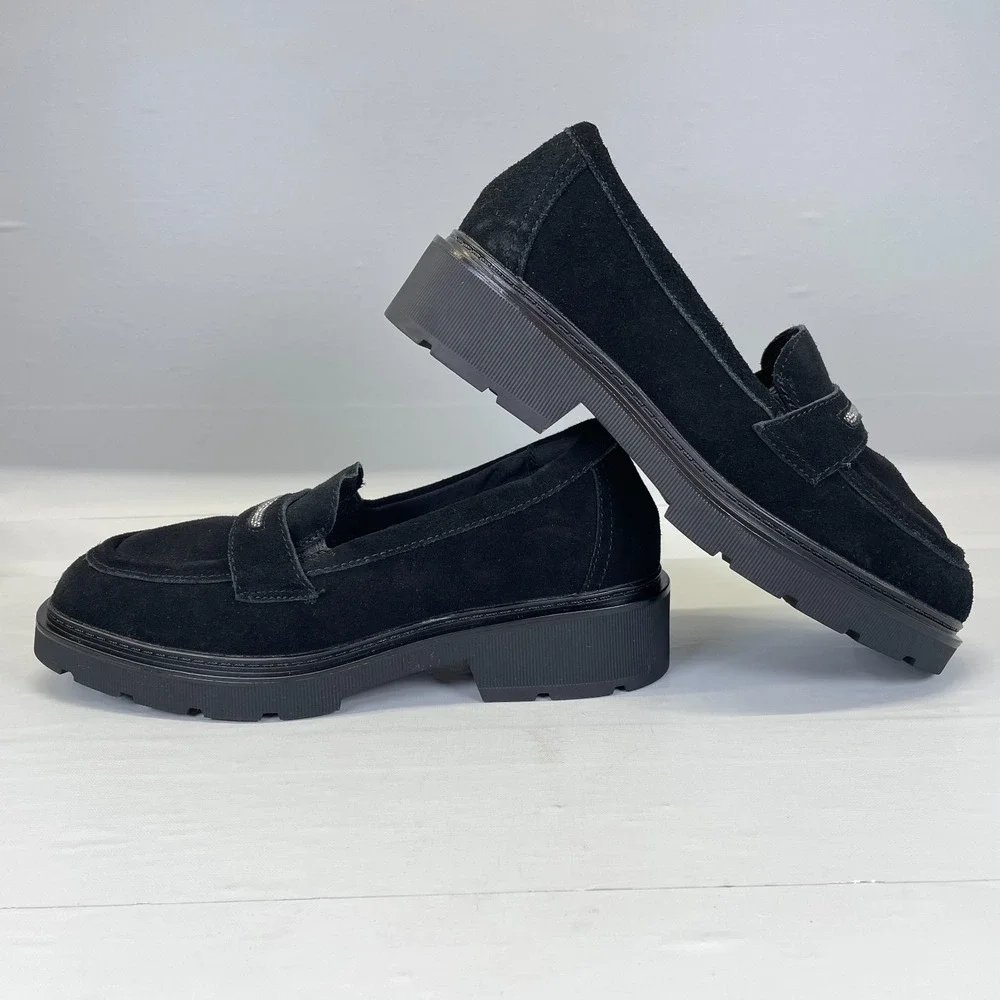 Clarks Lauryl Step Shoes Womens Size 7.5 M Black Suede Slip On Penny Loafers